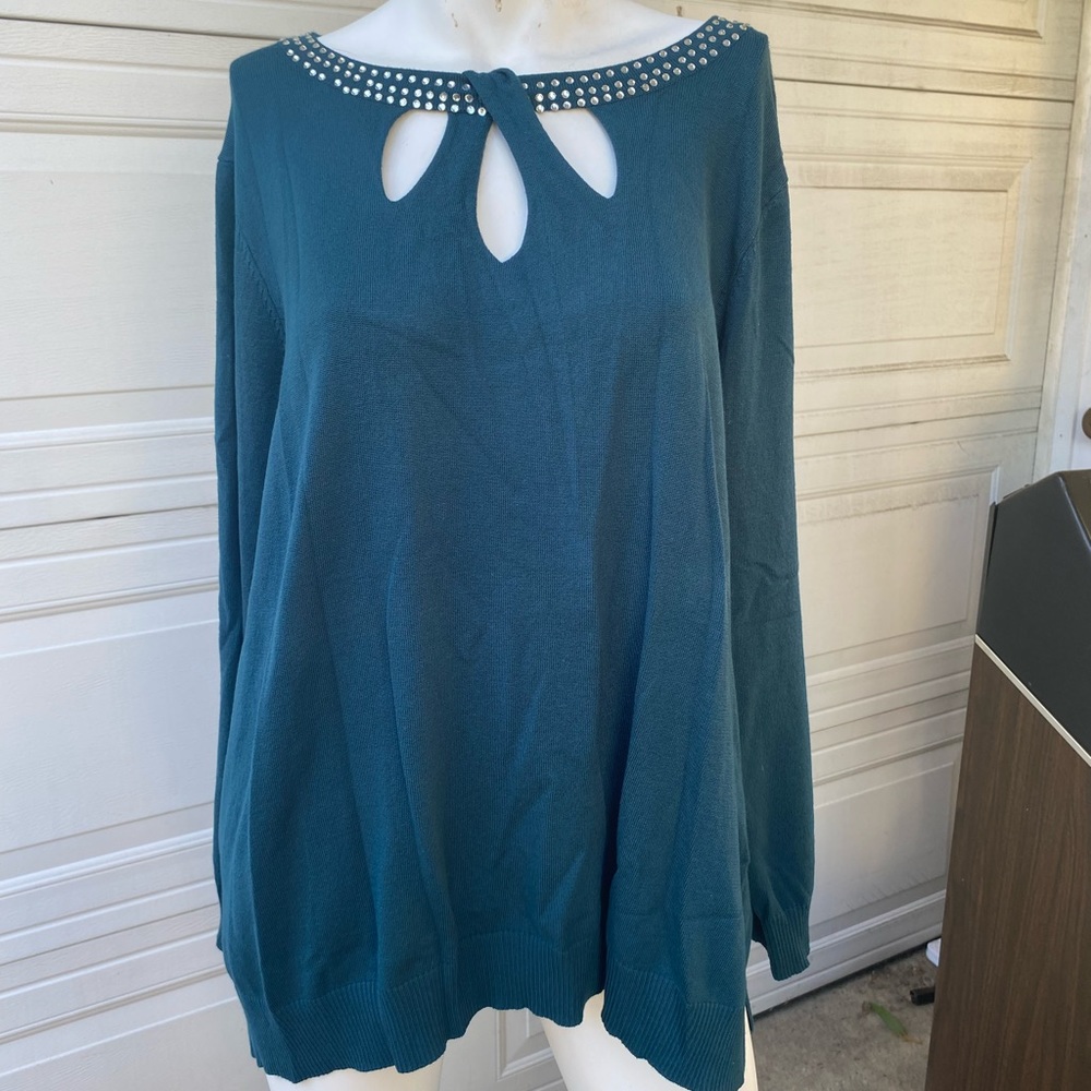 Ladies long sleeved teal rhinestone collar with cut out blouse sweater